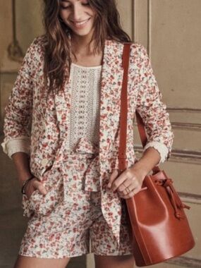 Sezane Lucas Short Fleurs Roses Fond Ecru Size 6 Floral Tie